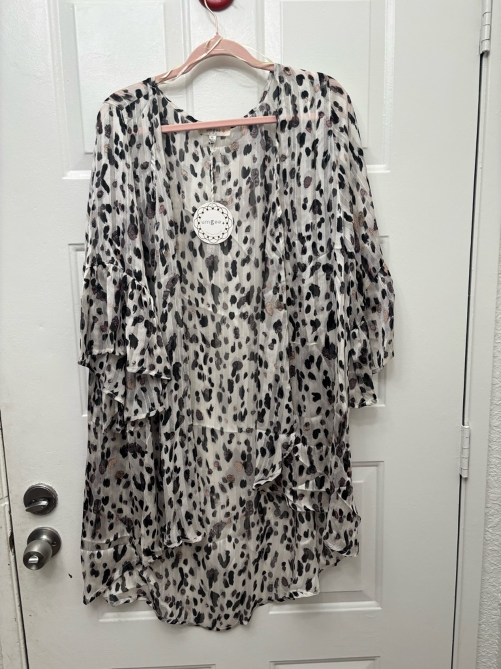 Umgee Sheer Animal-Print Ruffle Kimono - White, Black, Brown and Gold